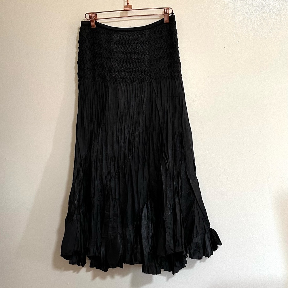 Persona by Great Cavalier Black Pleated Crinkle Satin Midi Skirt, Whimsigoth, Lg